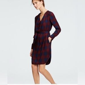 Ann Taylor Burgundy and Navy Checkered Long Sleeve Dress